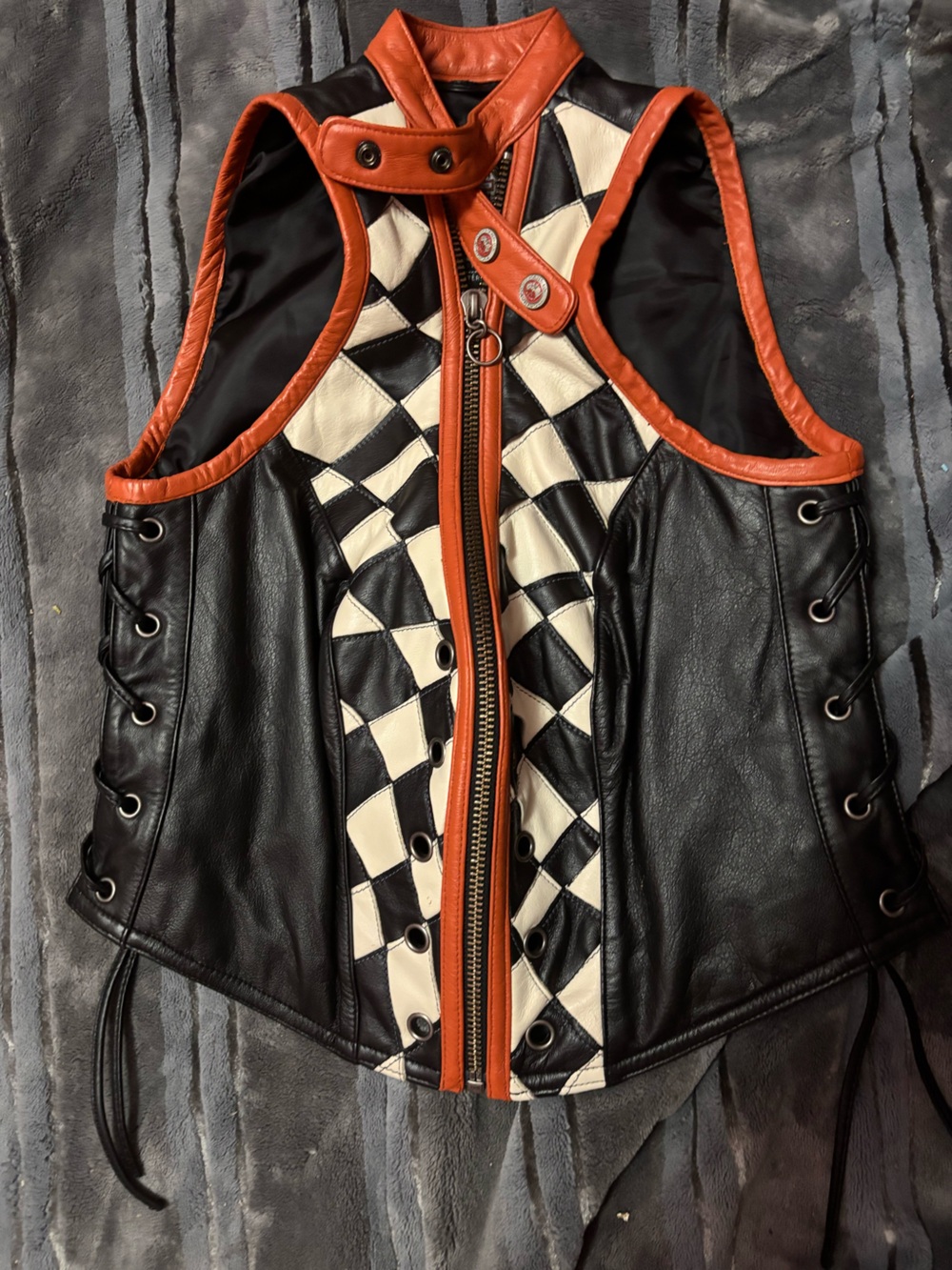 Harley-Davidson Black Cream Checker Leather Vest with Orange Trim